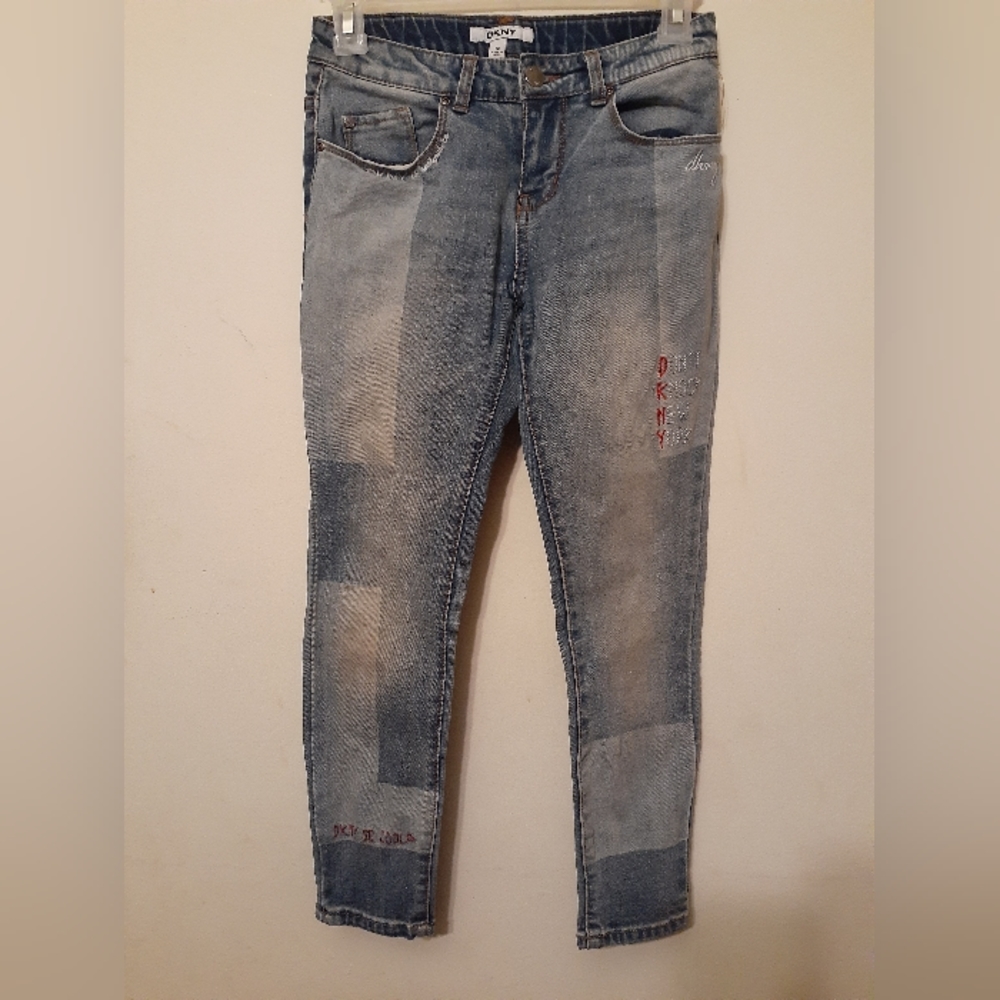 DKNY multi color denim straight leg jeans with embroidery size 12